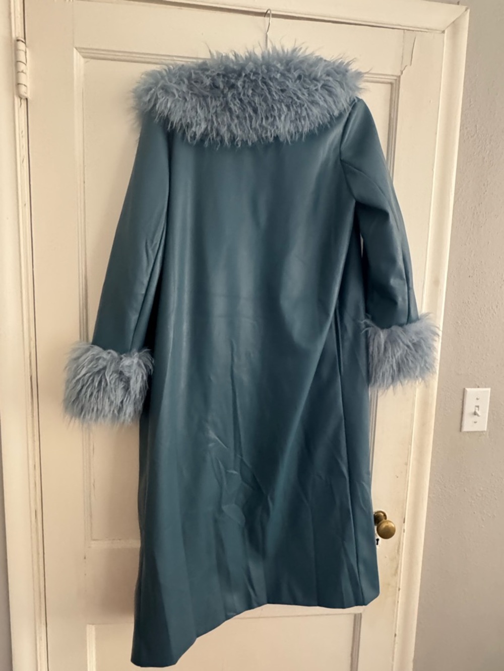 Blue-Green Faux Leather Trench Coat with Faux Fur Trim - Picture 2 of 4